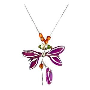 NEW Lalo NECKLACE Purple Resin Dragonfly Butterfly Pendant DBL Serpentine Chain